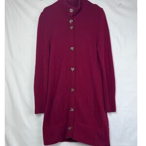 Lands' End Women's Med Red Lamb's Wool Blend Button Front Long Cardigan